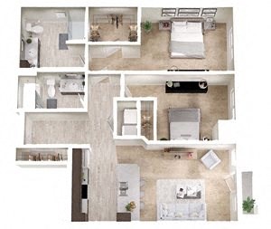 Floor plan for 2 beds, 2 baths, 1007 sqft